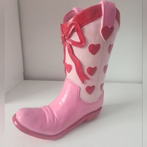Pink and Red Heart Cowboy Western Boot With Red Bow Decor Resin 11 In